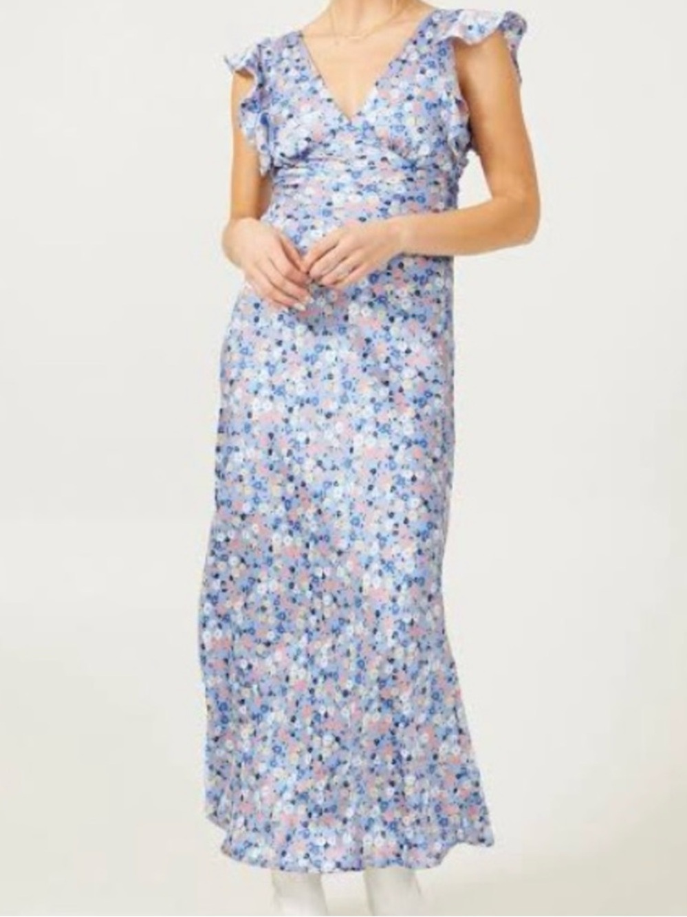 Altered State Floral V-Neck Ruffle Sleeve Maxi Dress - Blue Pink